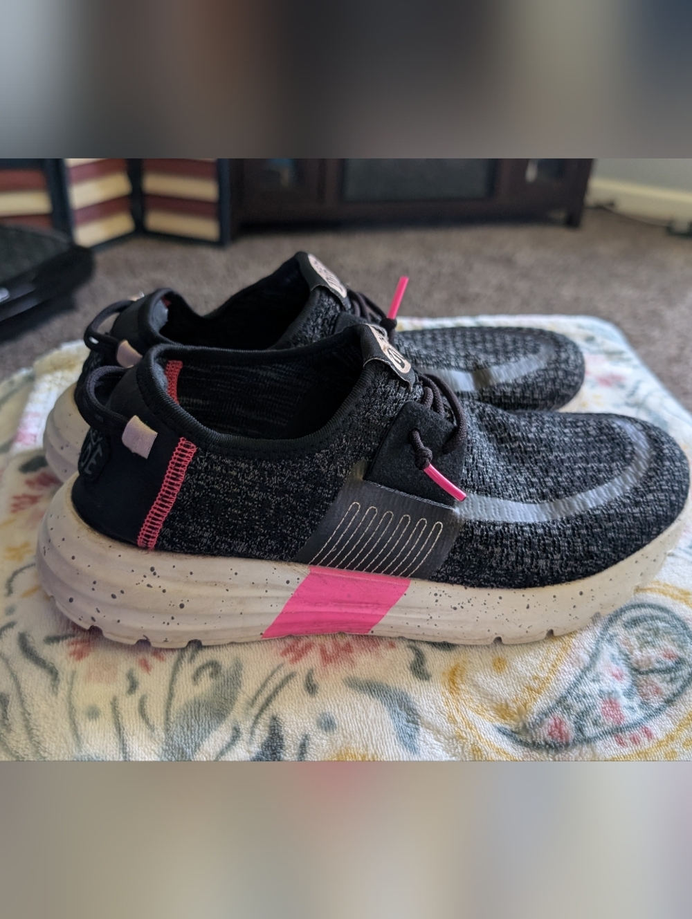 Hey Dude Black Sneakers with Pink and Yellow Accents - Picture 4 of 5